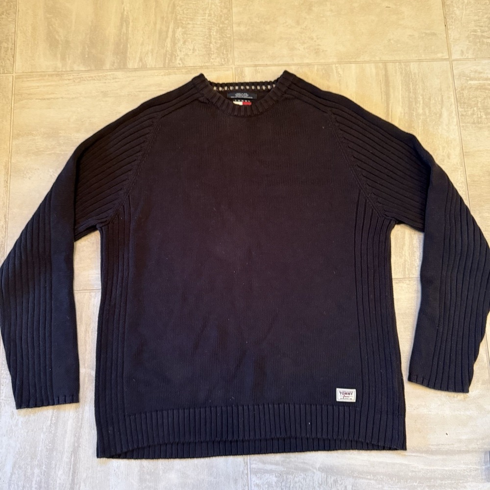 Tommy Hilfiger Sweater XXL Men Vintage V Neck Black Heavyweight Knit 100% Cotton
